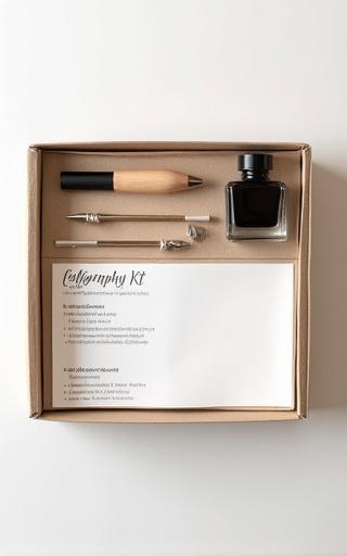A complete beginner's calligraphy kit in an open box.